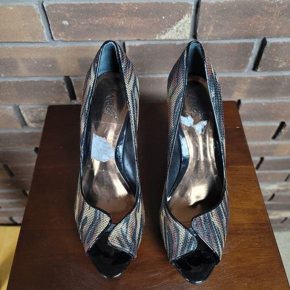 Carlos Carlos Santana ultra platform spike high heels peep toe trial print shoes - Picture 3 of 11